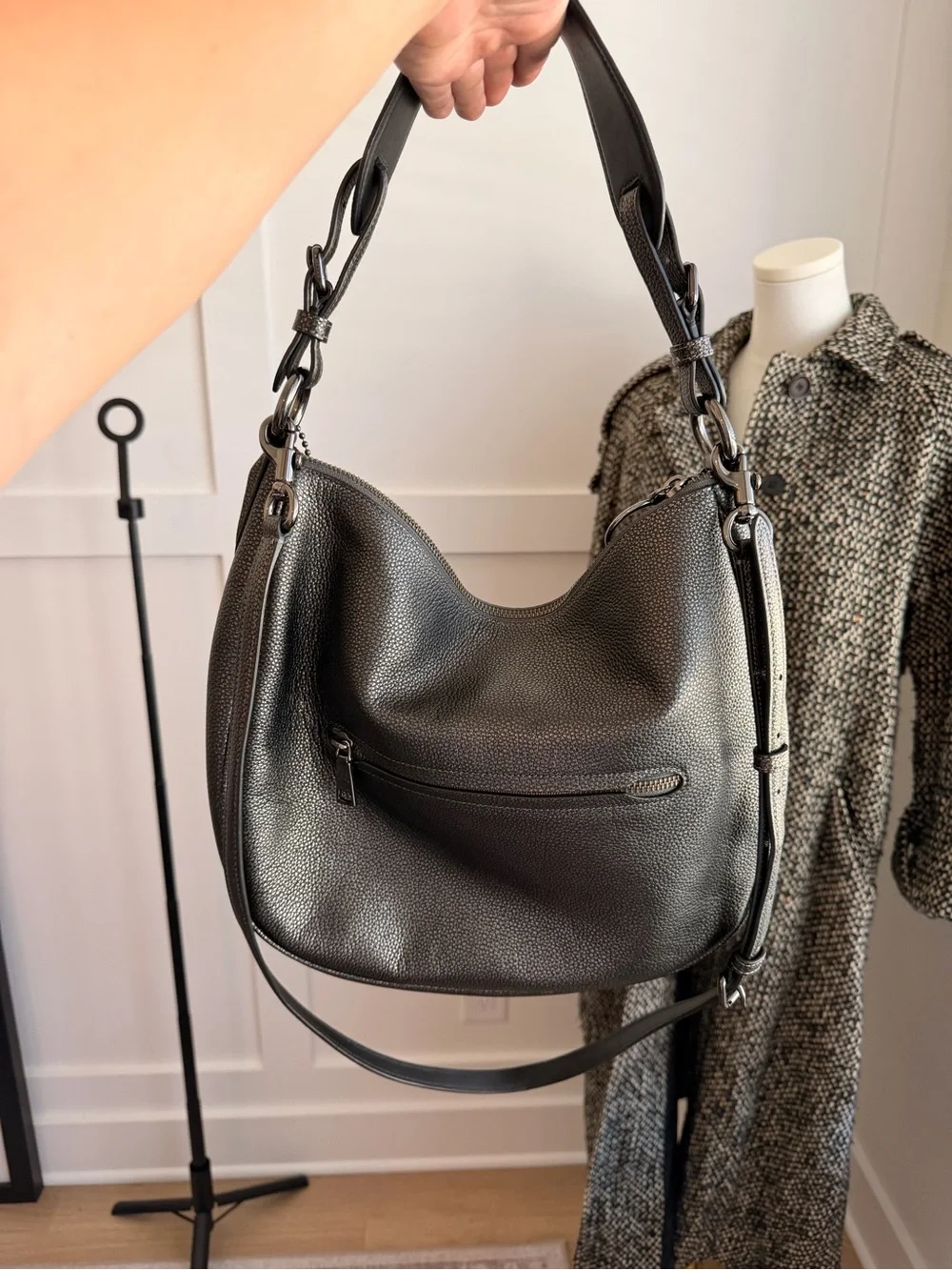 Coach Pebbled Leather Hobo Bag in Charcoal
